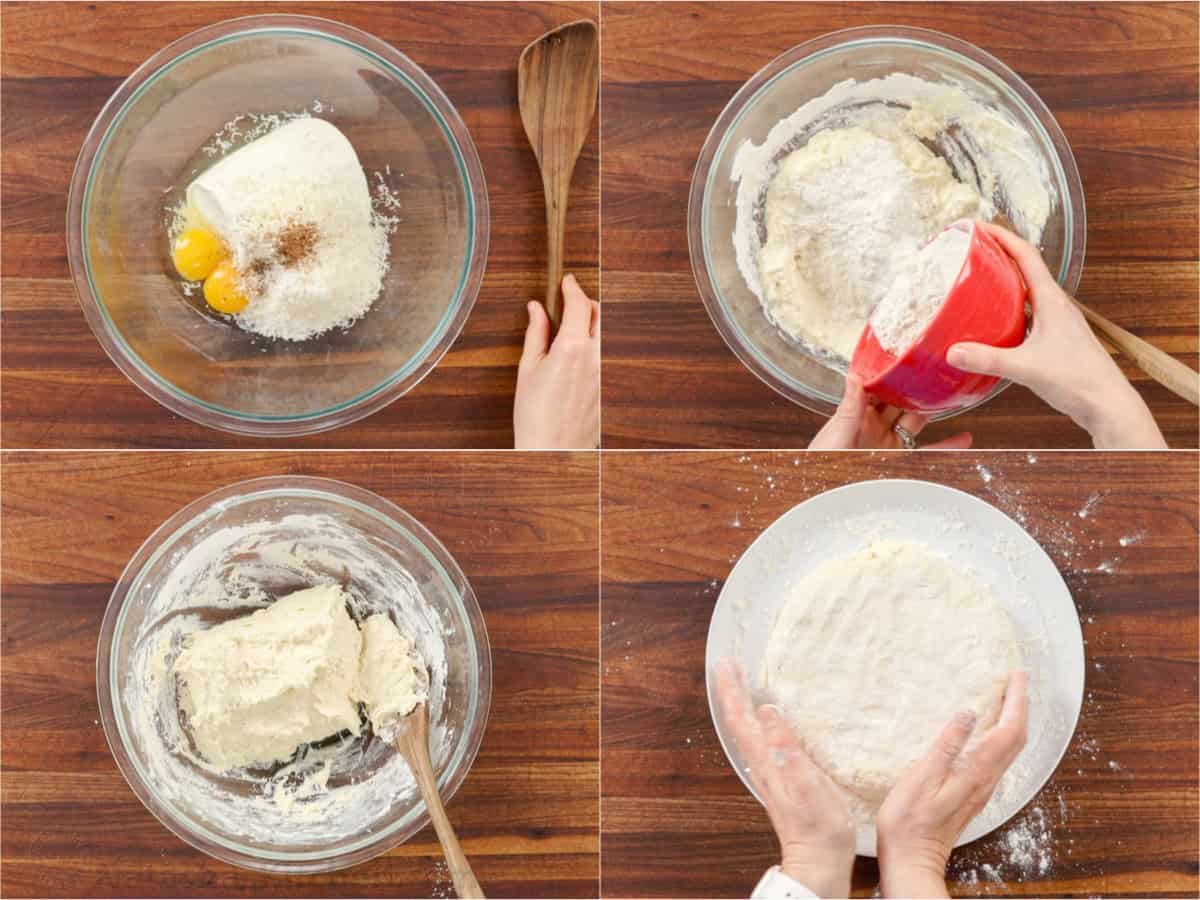 Easy Ricotta Gnocchi makes classic Italian dumplings sautéed in bacon butter for irresistible crispy edges. Make-ahead and Freezer-friendly! Side-by-side pictures of how to make dough using cheese and eggs