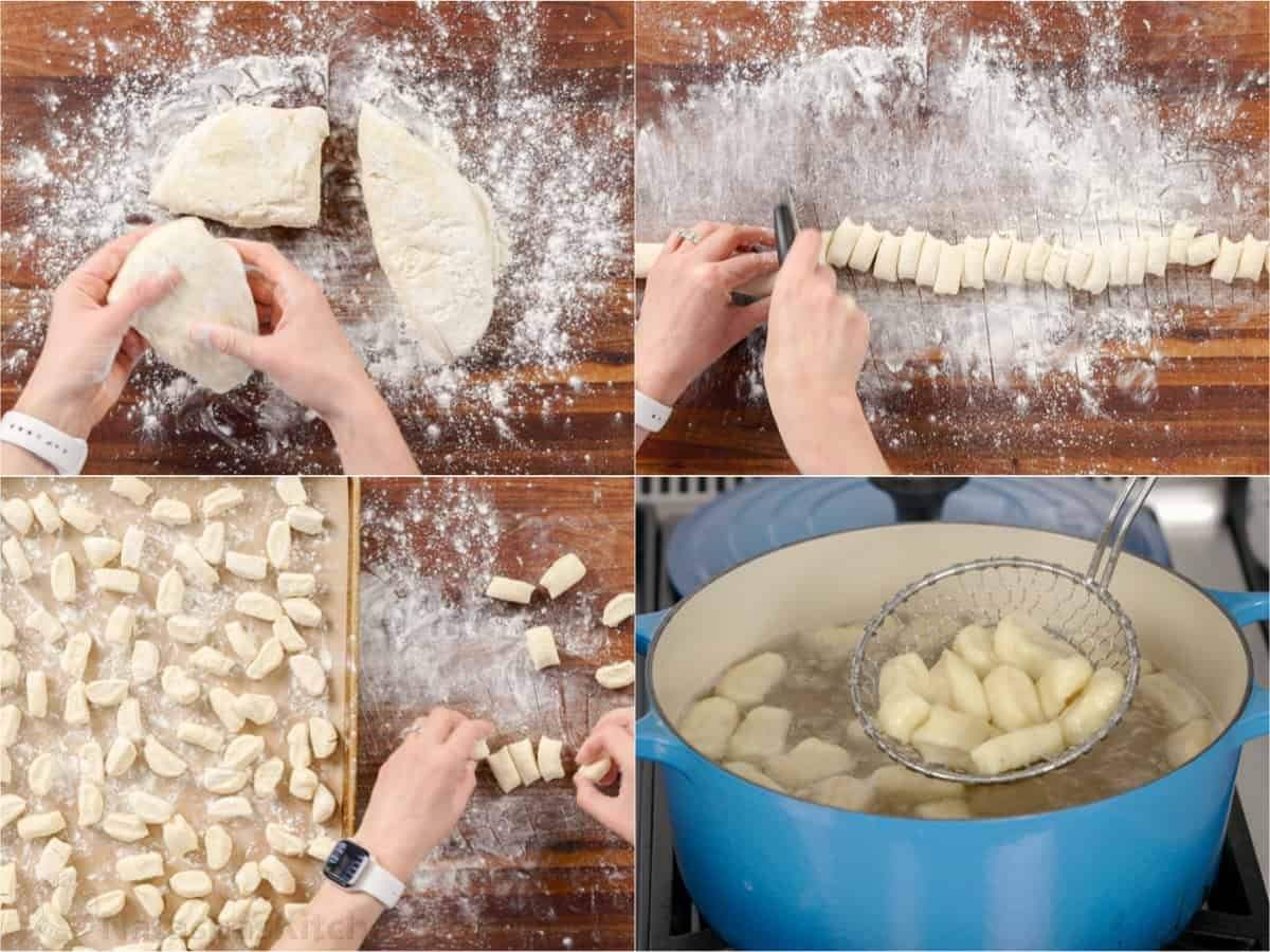 Easy Ricotta Gnocchi makes classic Italian dumplings sautéed in bacon butter for irresistible crispy edges. Make-ahead and Freezer-friendly! How to make Homemade ricotta gnocchi from dough to boiling in a Dutch Oven
