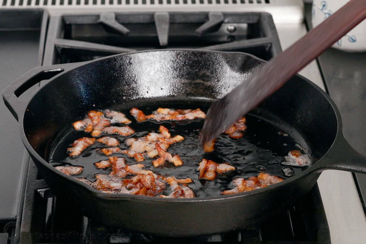 Easy Ricotta Gnocchi makes classic Italian dumplings sautéed in bacon butter for irresistible crispy edges. Make-ahead and Freezer-friendly! how to saute bacon bits in a cast iron pan