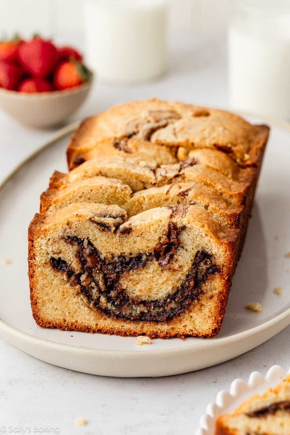 slices of Nutella swirl pound cake on platter.