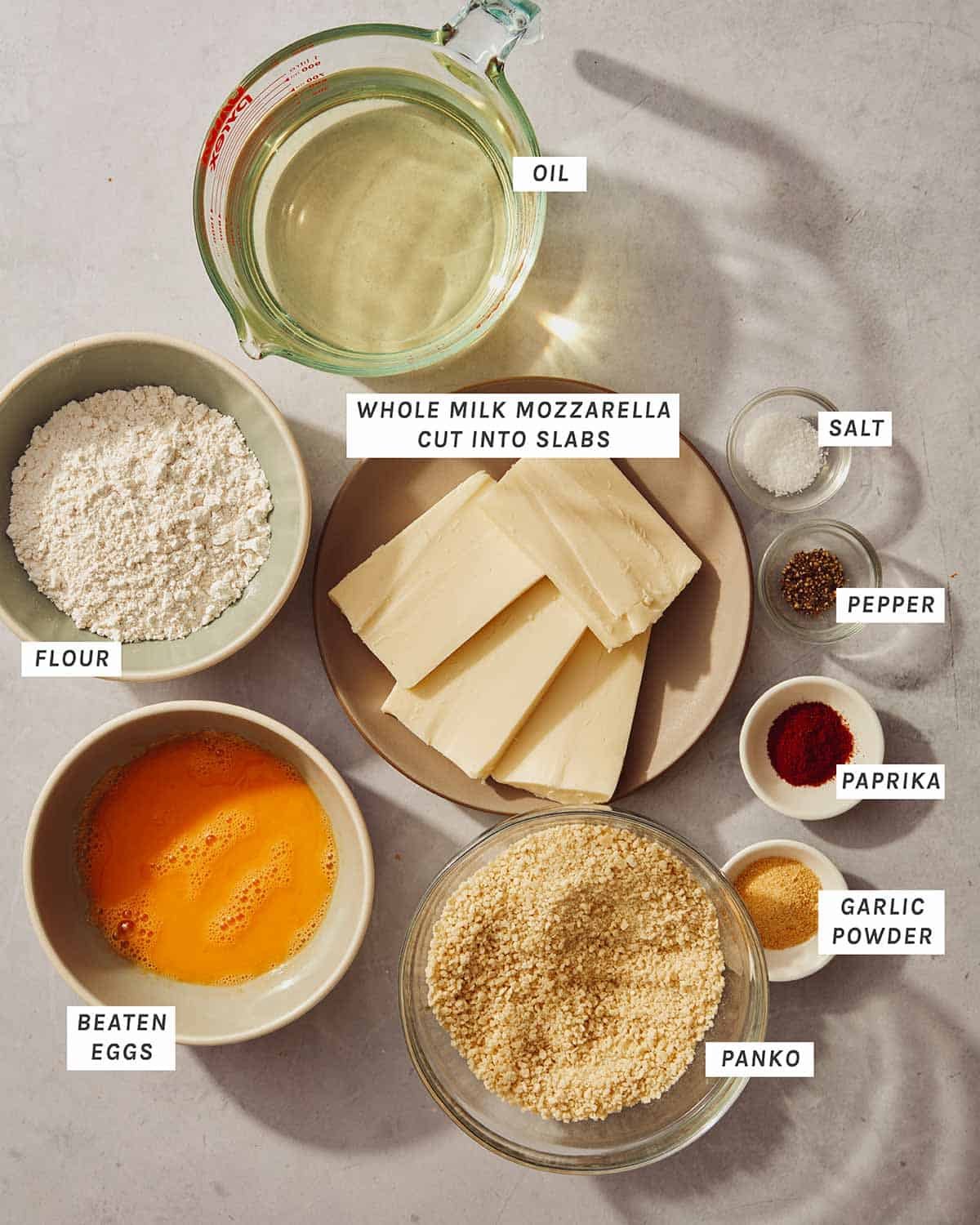 Ingredients to make mozzarella sticks.
