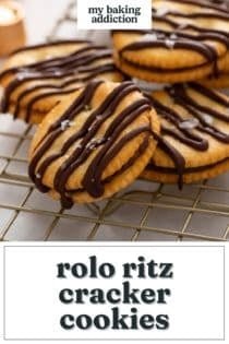 Rolo ritz cracker cookies piled on a wire rack. Text overlay includes recipe name.