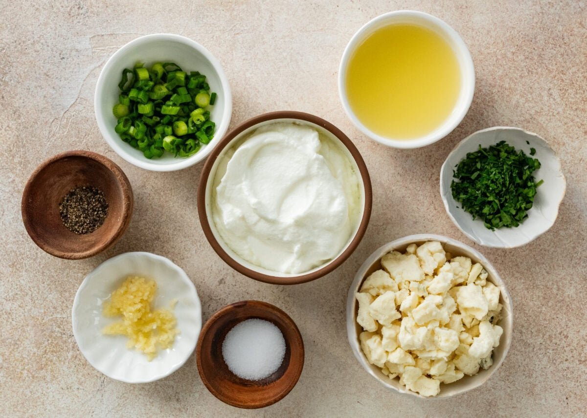 ingredients in bowls to make blue cheese dip.