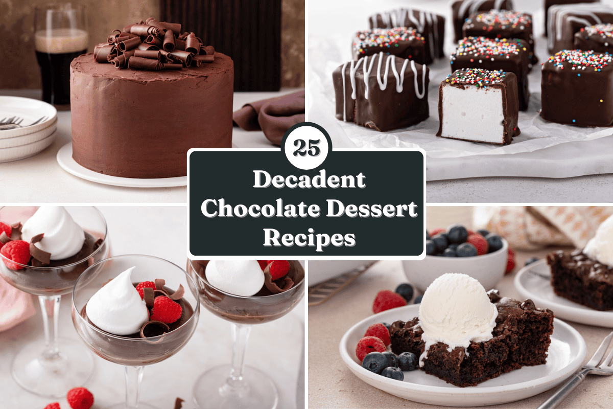 Square collage of four chocolate desserts with the text