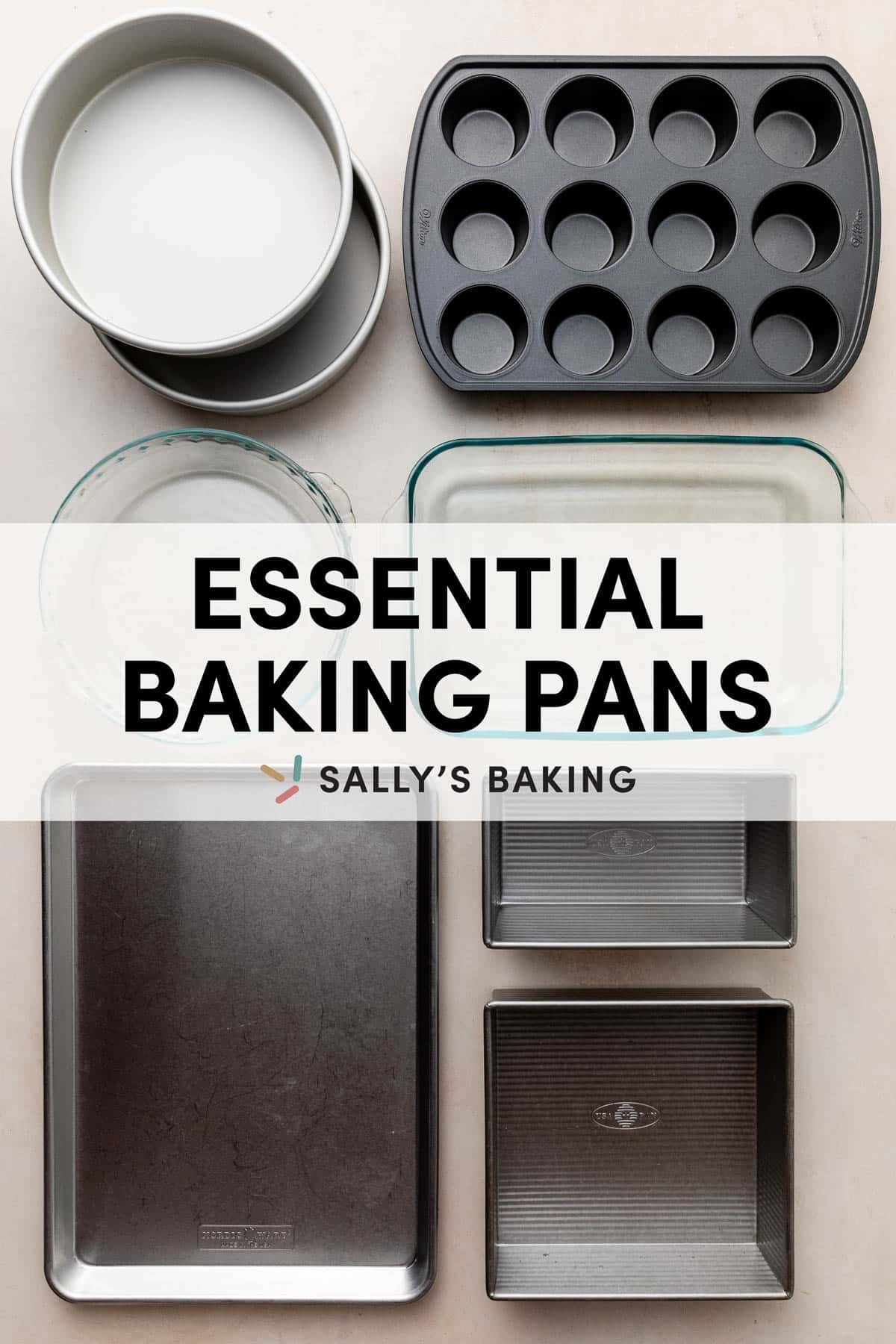 baking pans on beige surface with Sally's Baking logo