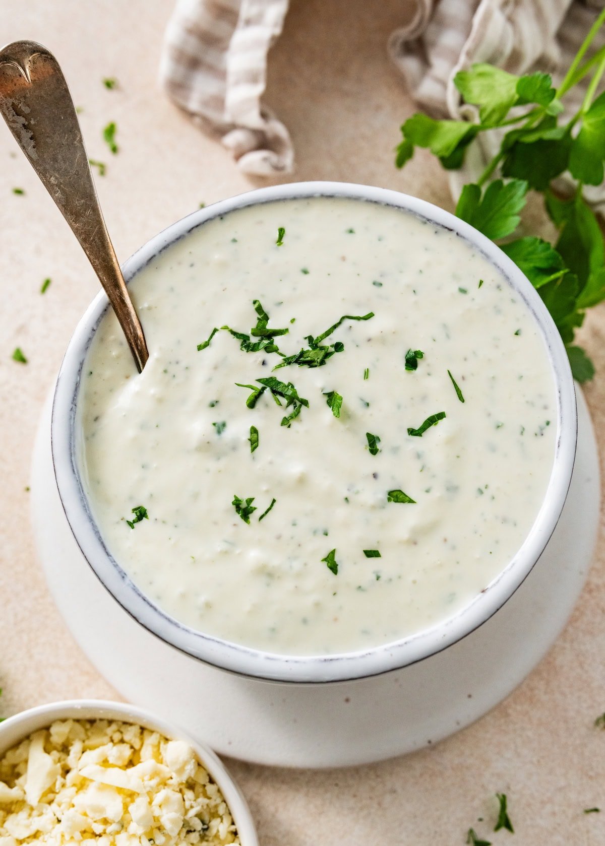 blue cheese dip in bowl with spoon.