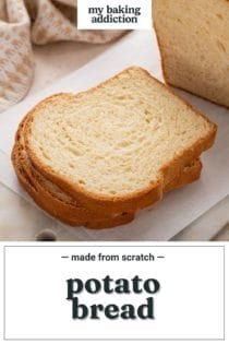 Sliced loaf of potato bread on a cutting board. Text overlay includes recipe name.