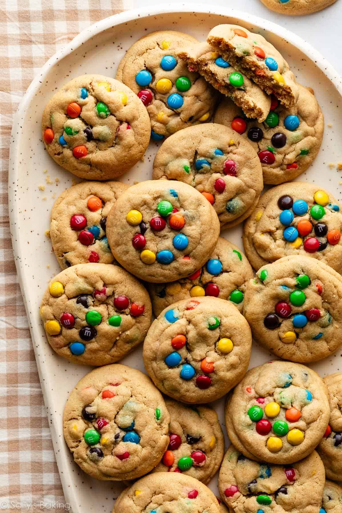 peanut butter M&M cookies on platter.