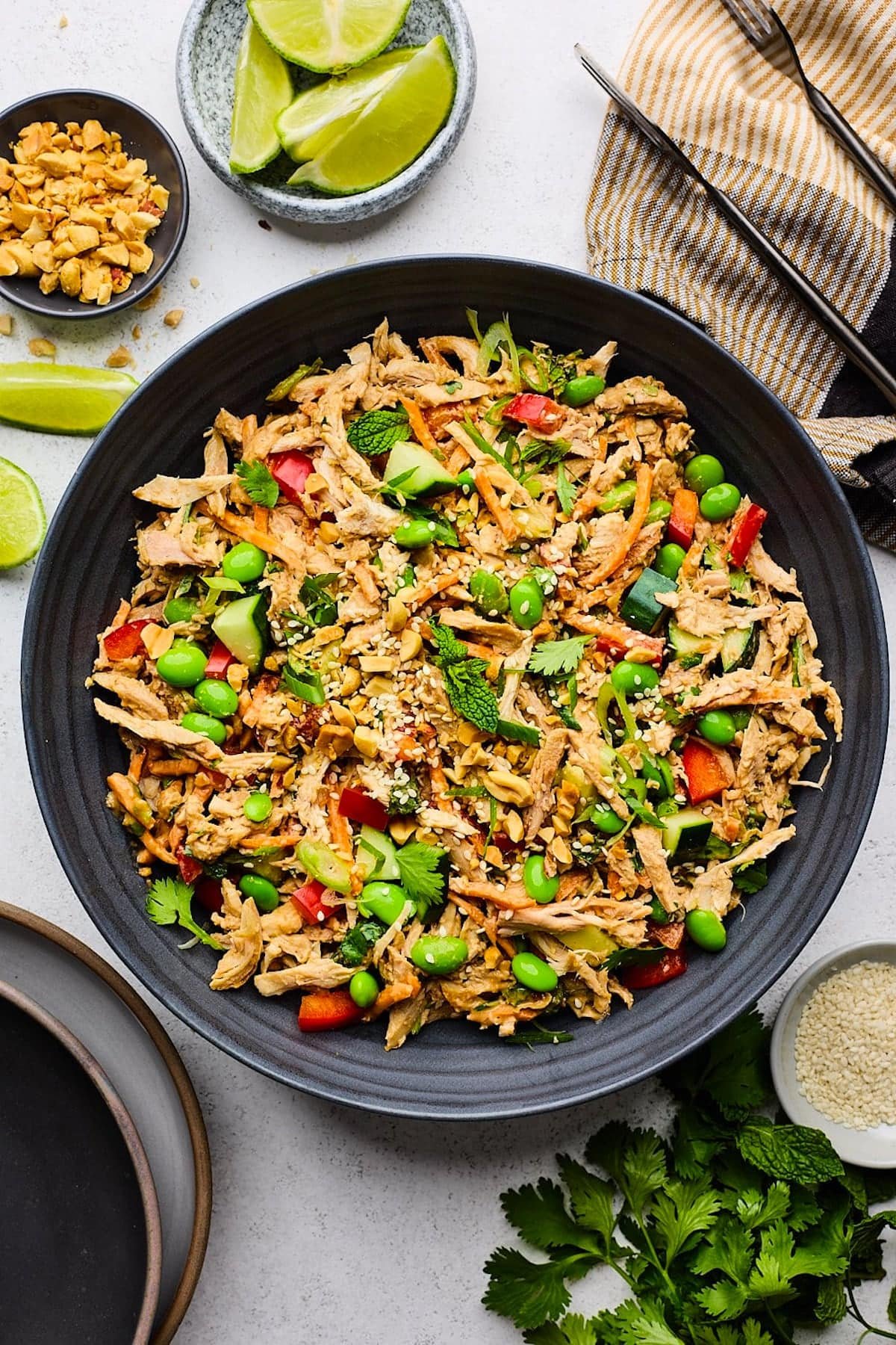 peanut chicken salad with cucumber, edamame, red pepper, carrots, cilantro, and peanuts in black bowl.