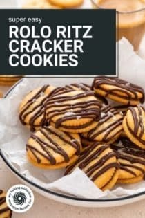 Rolo ritz cracker cookies arranged in a parchment-lined bowl. Text overlay includes recipe name.