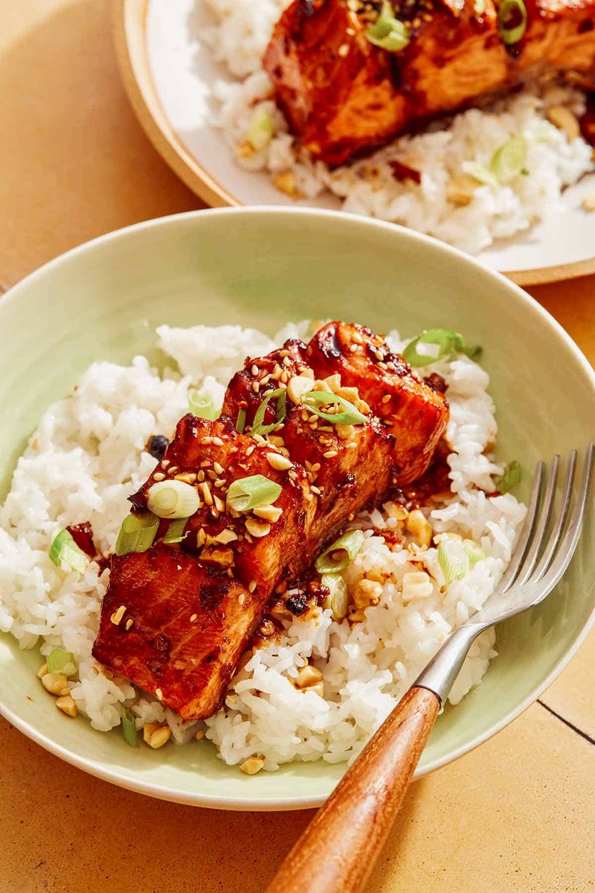 Soy glazed salmon on a bed of rice with a fork.