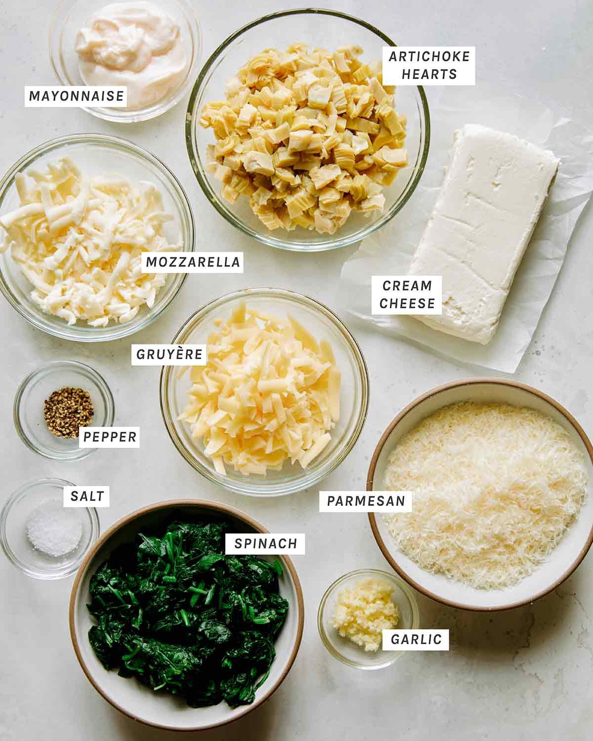 Ingredients for spinach and artichoke dip.