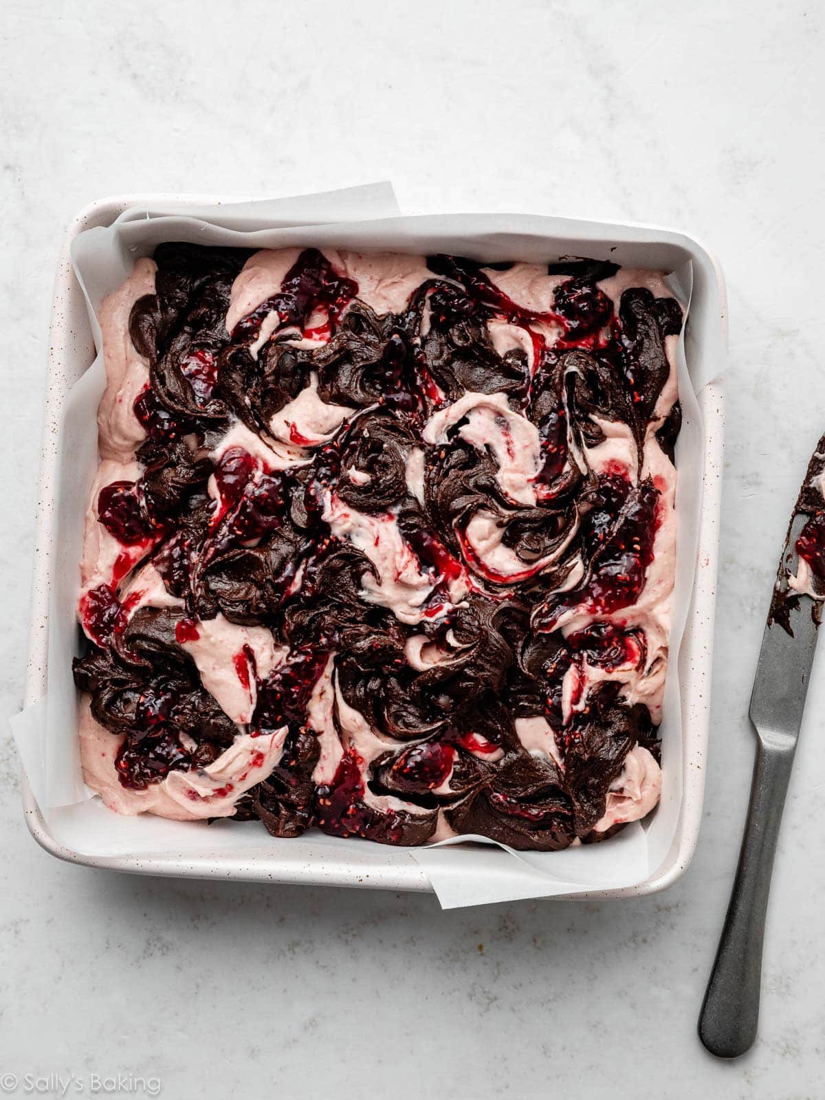 swirled mixtures in lined square pan.