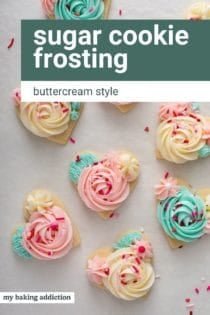 Heart-shaped sugar cookies topped with pink, white, and mint green sugar cookie frosting and sprinkles. Text overlay includes recipe name.