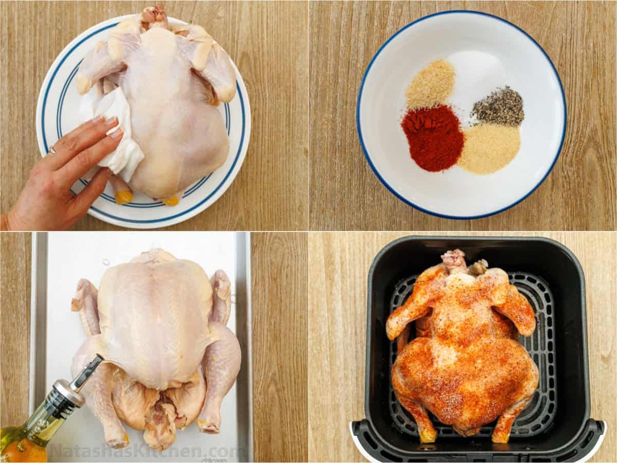 My Air Fryer Whole Chicken Recipe perfectly cooks a 3.5-5.5 pound bird with crispy skin and juicy meat. It's easy and perfectly seasoned. step-by-step photos of how to prep poultry for cooking