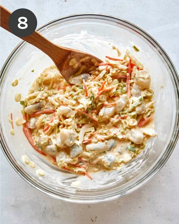 Shrimp okonomiyaki batter in a glass bowl.