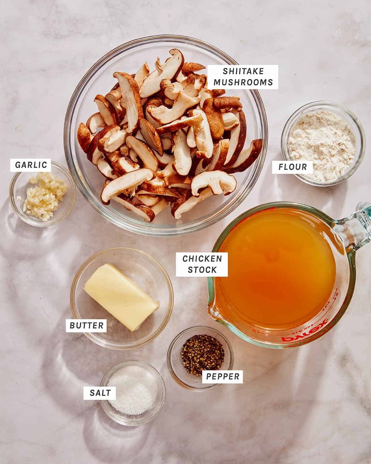 Mushroom gravy ingredients on a kitchen counter.