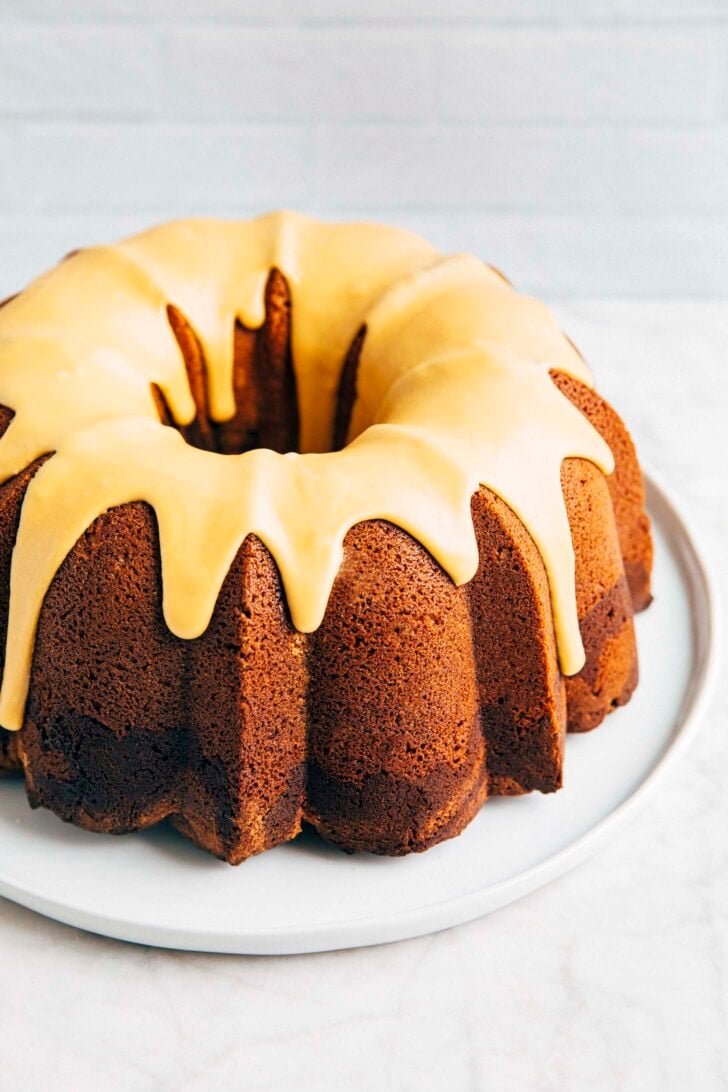 photo of vietnamese coffee bundt cake on a white plate