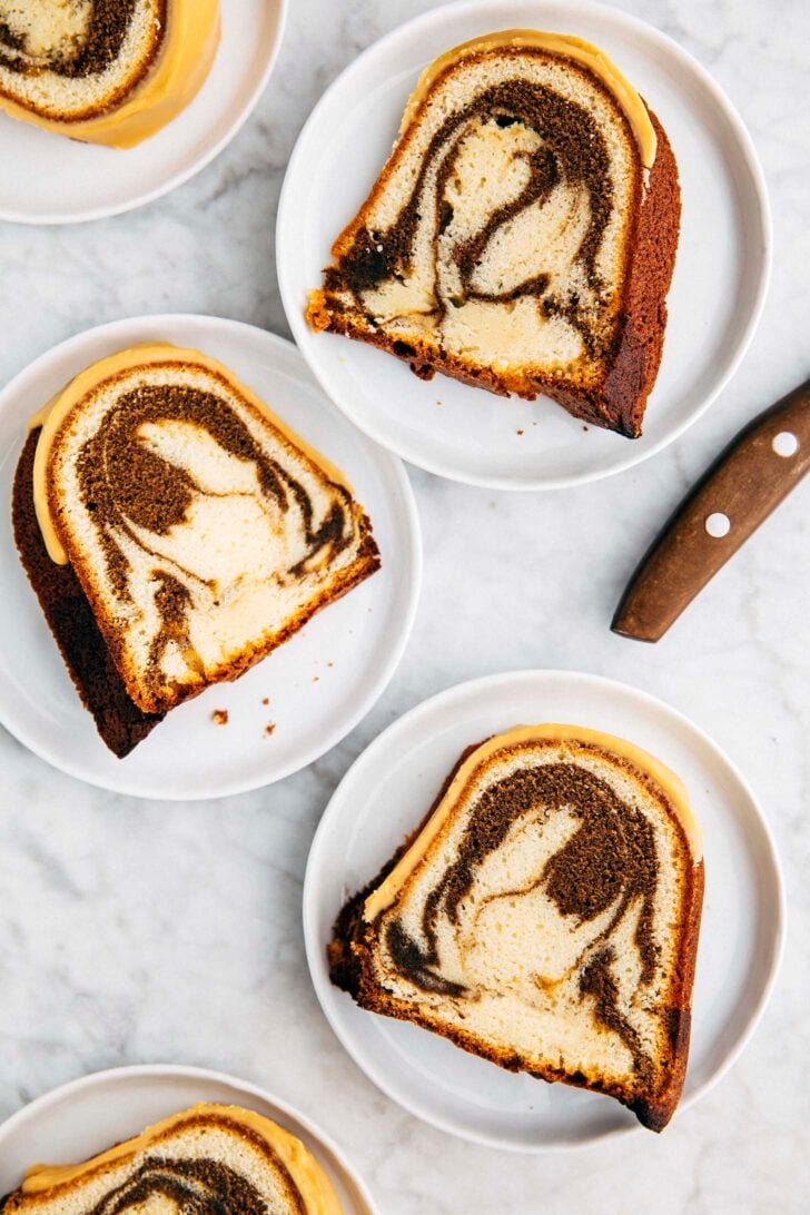 photo of slices of vietnamese coffee bundt cake on white plates