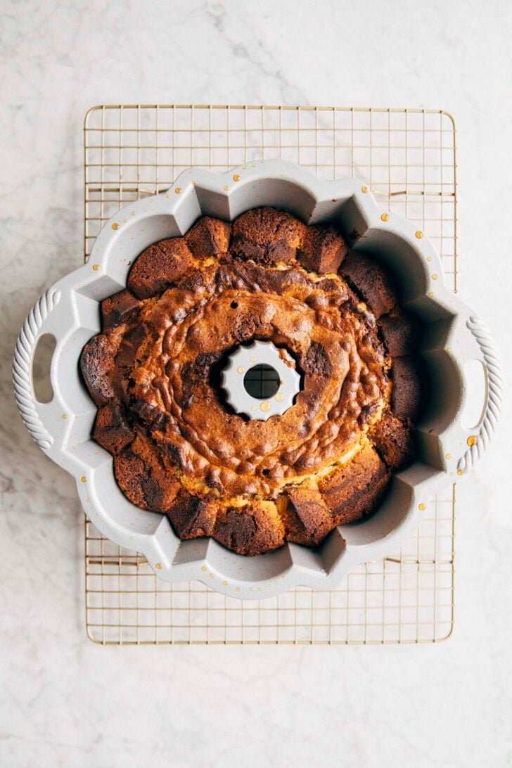 photo of the vietnamese coffee bundt cake in its pan just after baking on a wire rack