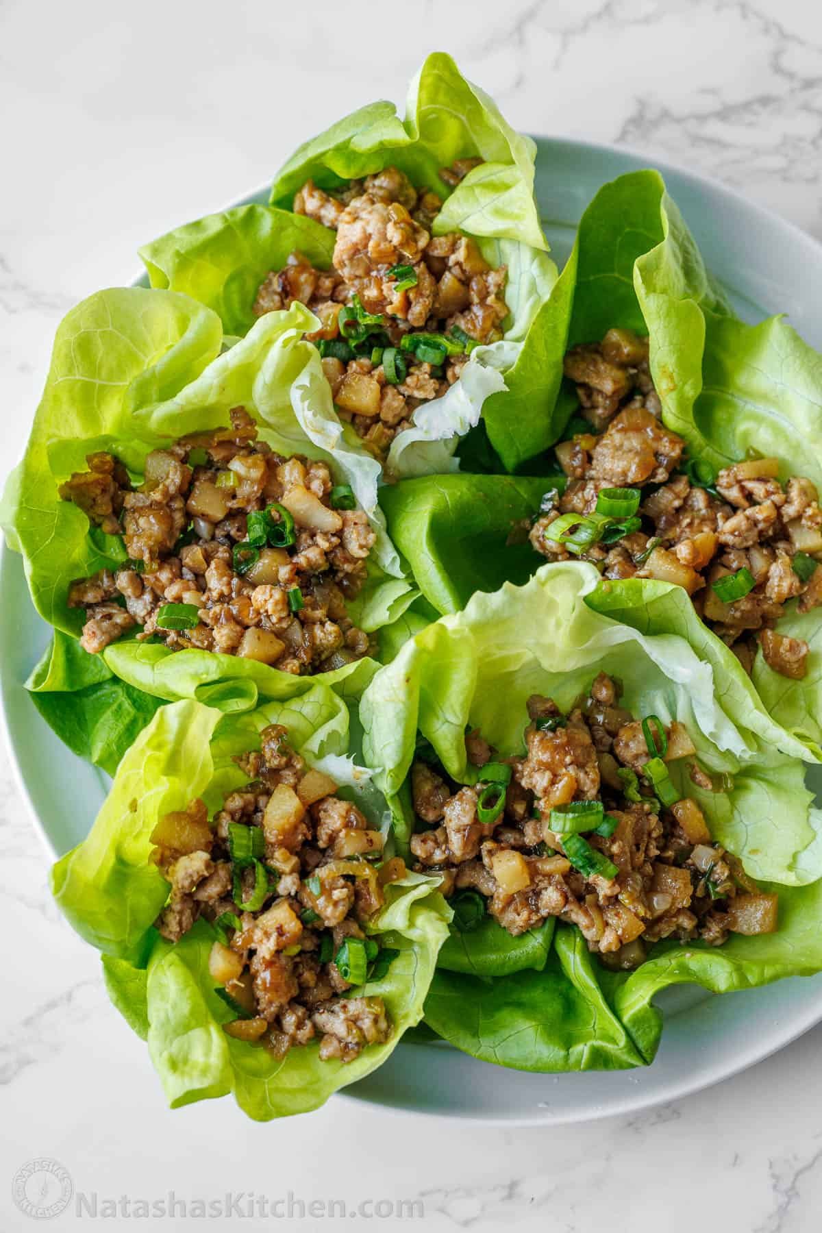 PF Chang's Chicken Lettuce Wraps recipe on a white plate with green onion garnish