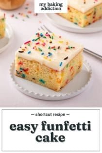 Plated slices of funfetti sheet cake topped with rainbow sprinkles. Text overlay includes recipe name.