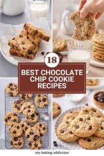Collage of 4 chocolate chip cookie recipe images. Text overlay includes post name.
