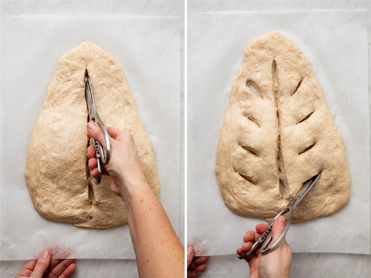 cutting a wheat stalk-pattern into shaped dough.