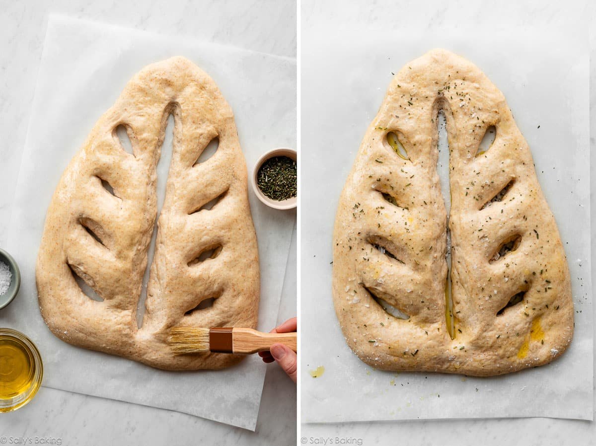 brushing olive oil on and herbs added to shaped dough.
