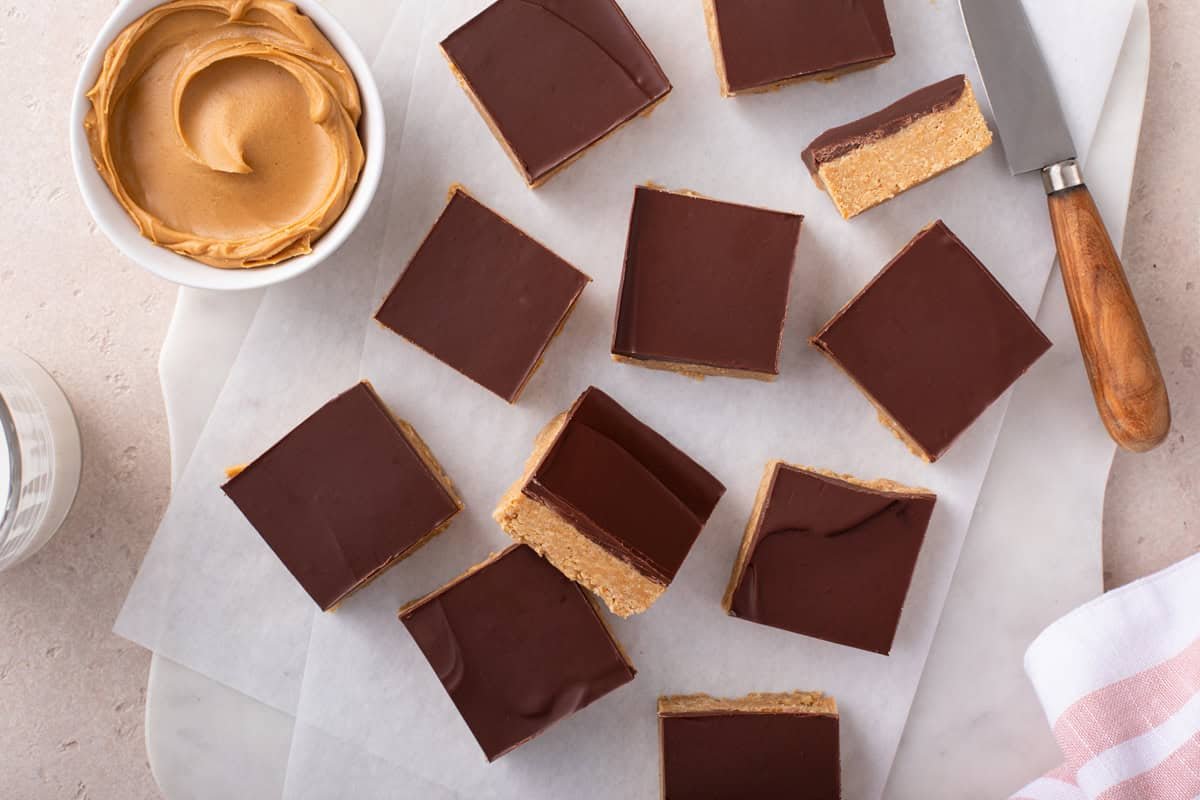 Overhead view of lunch lady peanut butter bars cut into squares.