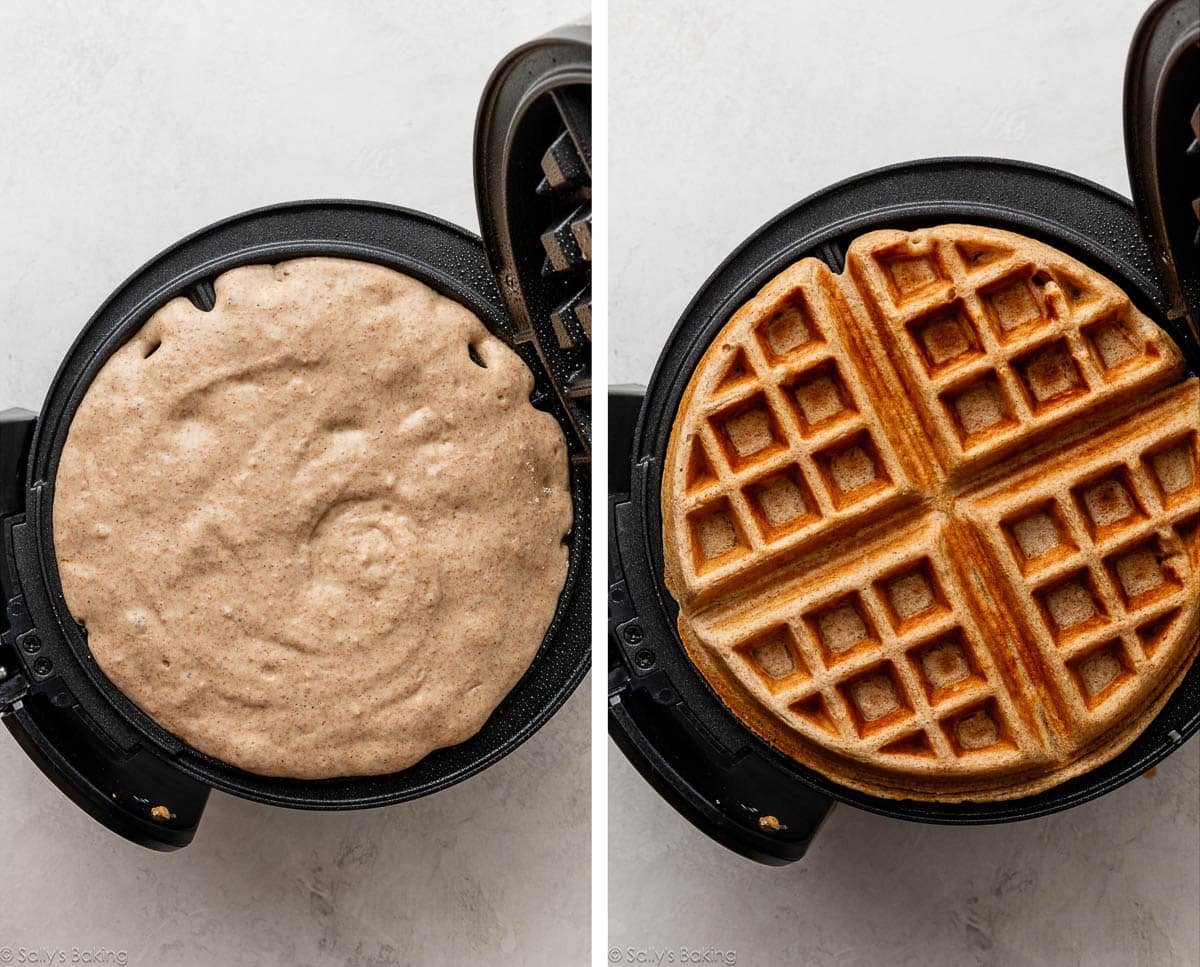 batter in waffle iron.