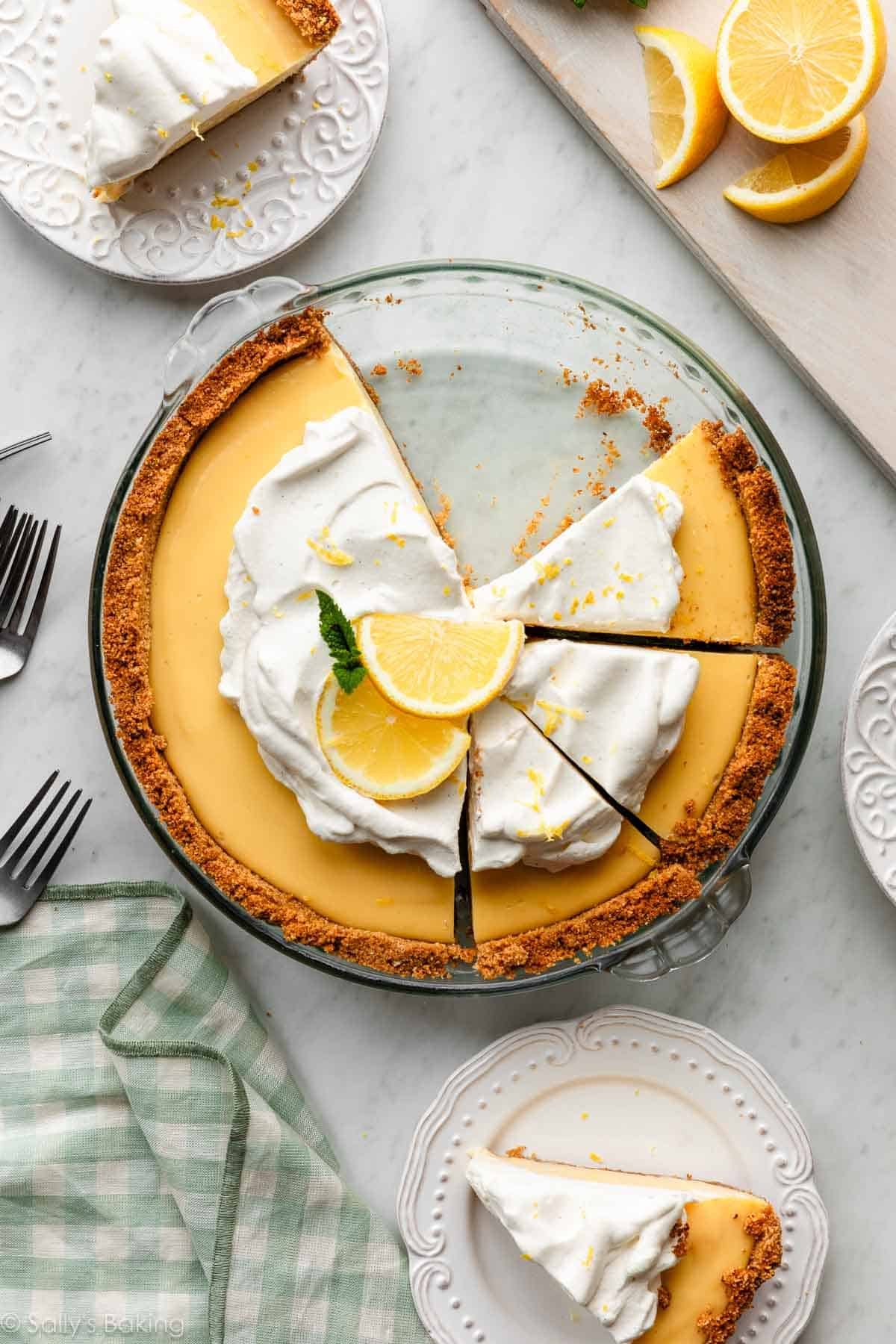 lemon pie cut into slices.