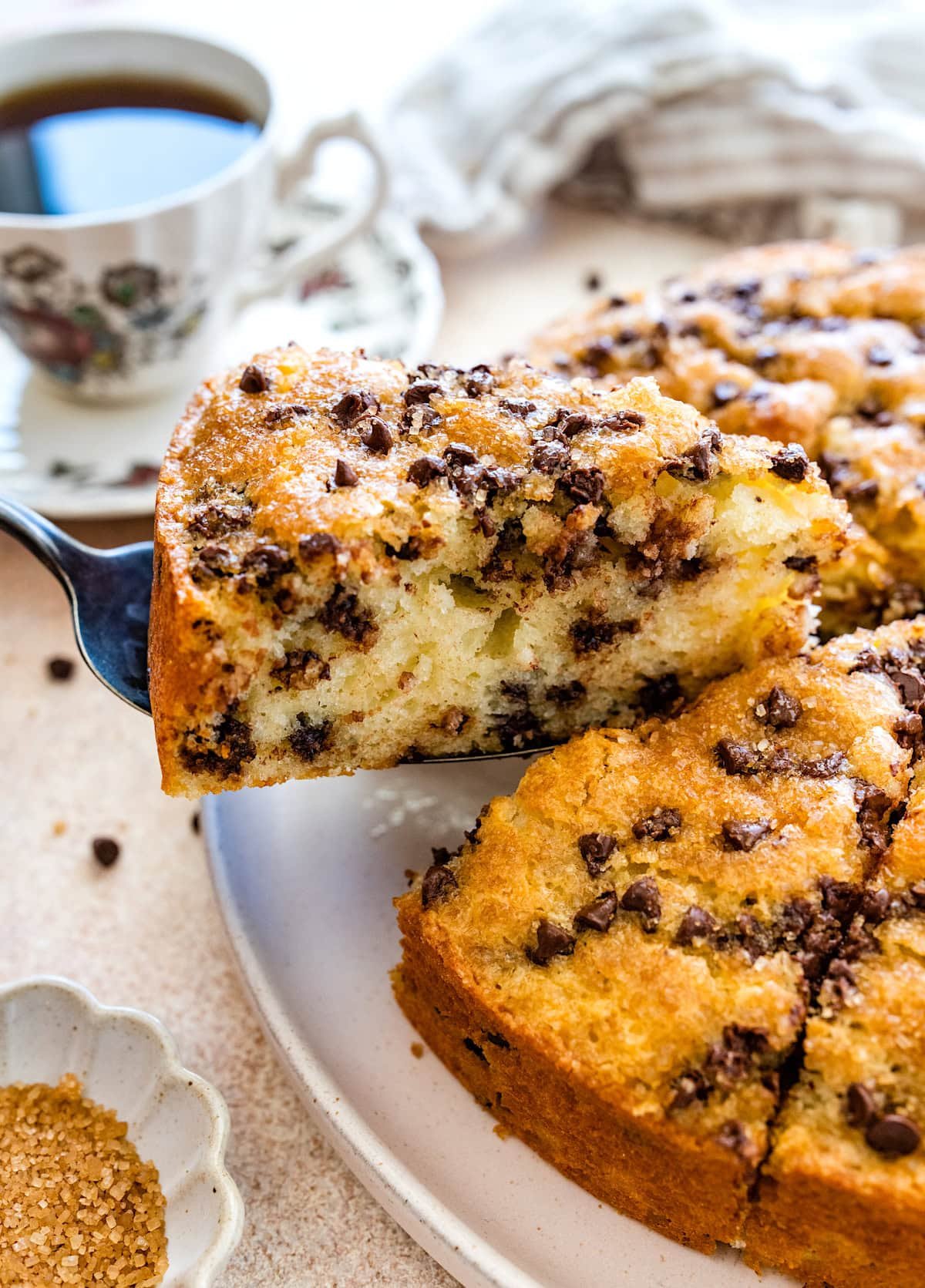 piece of chocolate chip cake being served. 