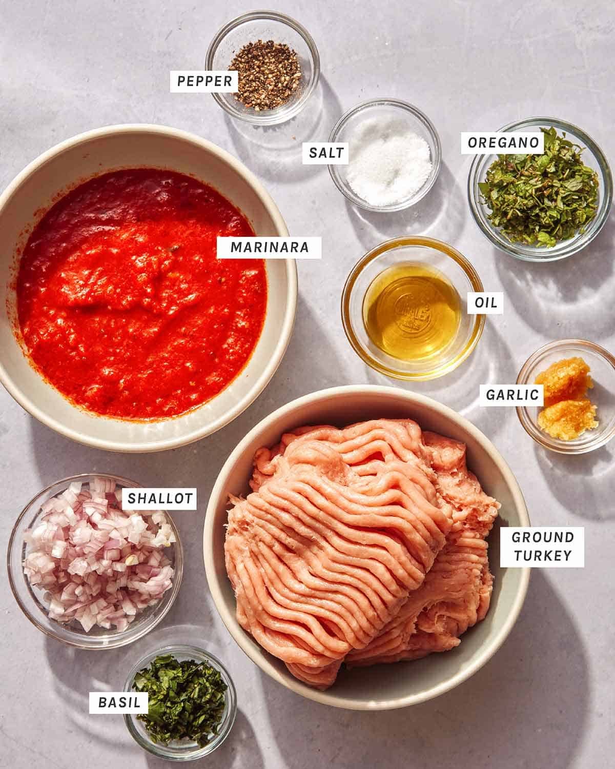 Ingredients measured out to make the meat filling for lasagna roll ups.