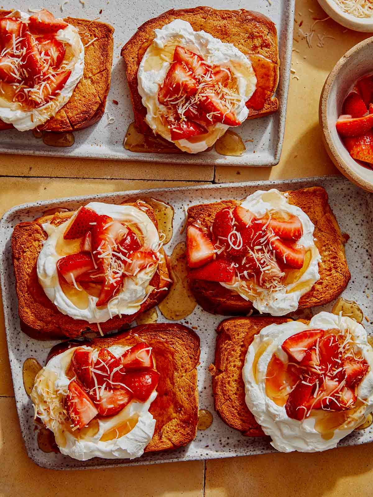 Honey brick toast recipe on platters. 