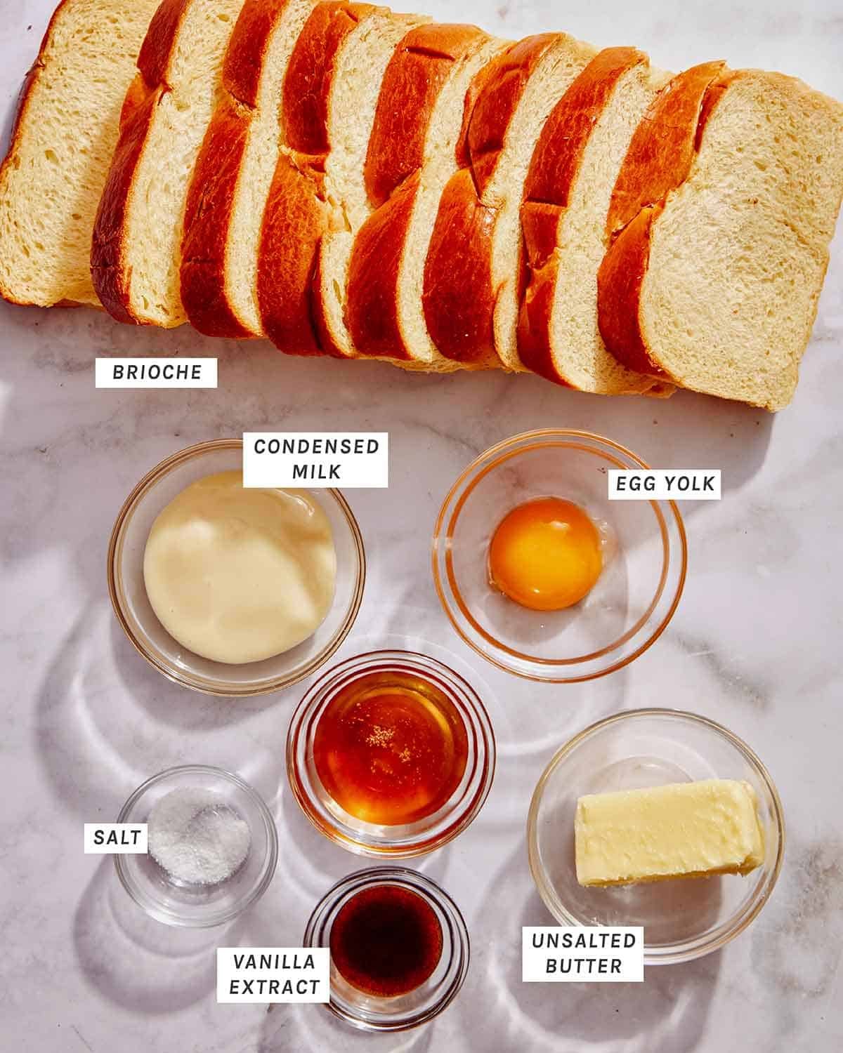 Ingredients to make honey toast on a kitchen counter. 