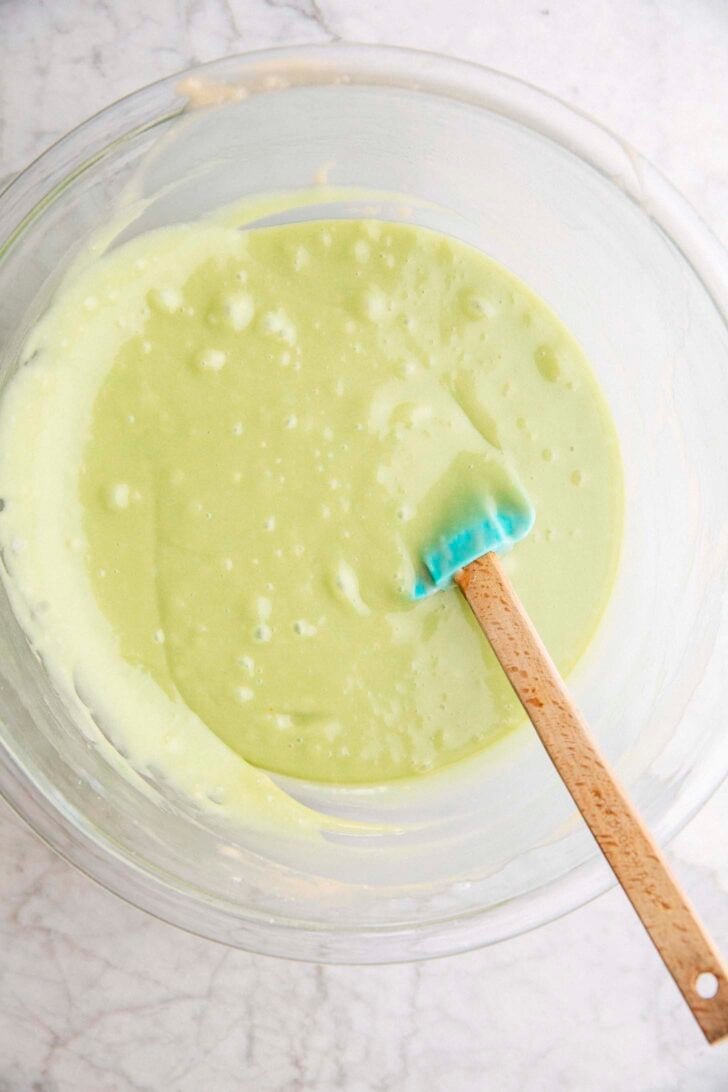photo showing the pistachio batter for the chocolate pistachio loaf