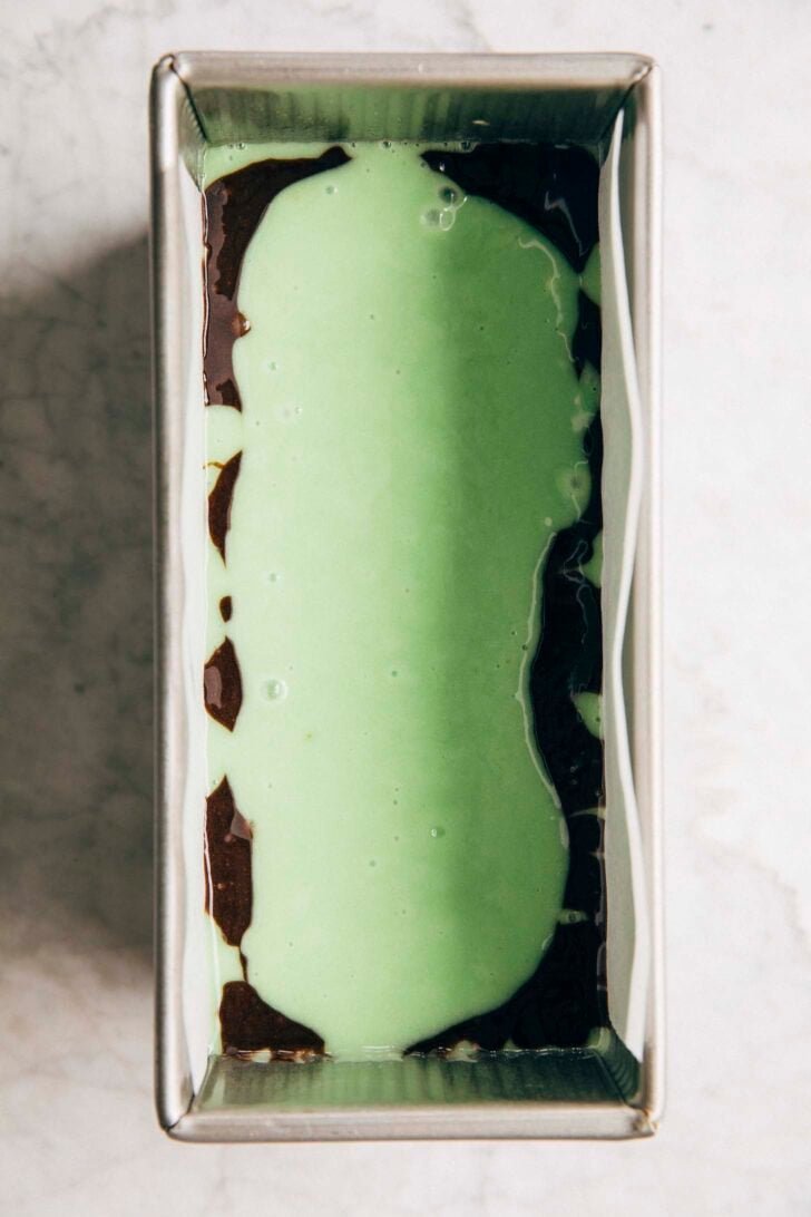 Photo of final pistachio layer in the chocolate pistachio loaf