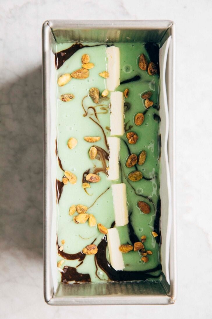 Photo showing the loaf cake fully assembled and ready to be baked