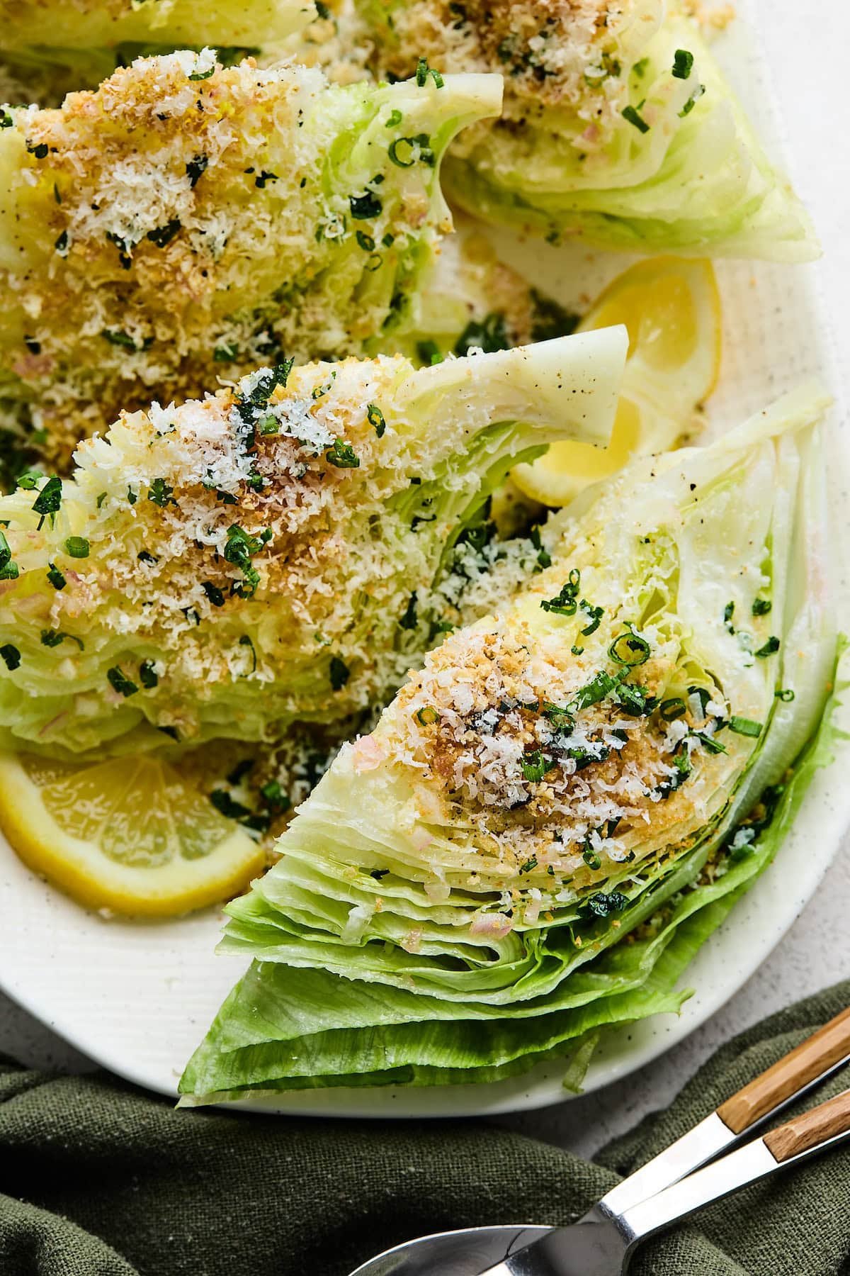 close up of lemon parmesan wedge salad. 
