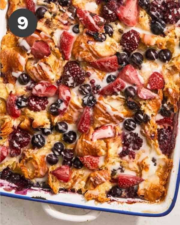 Bread pudding in a baking dish. 