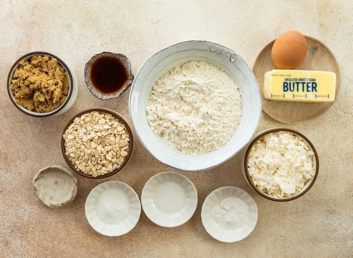 ingredients in bowls to make oatmeal cream pies. 