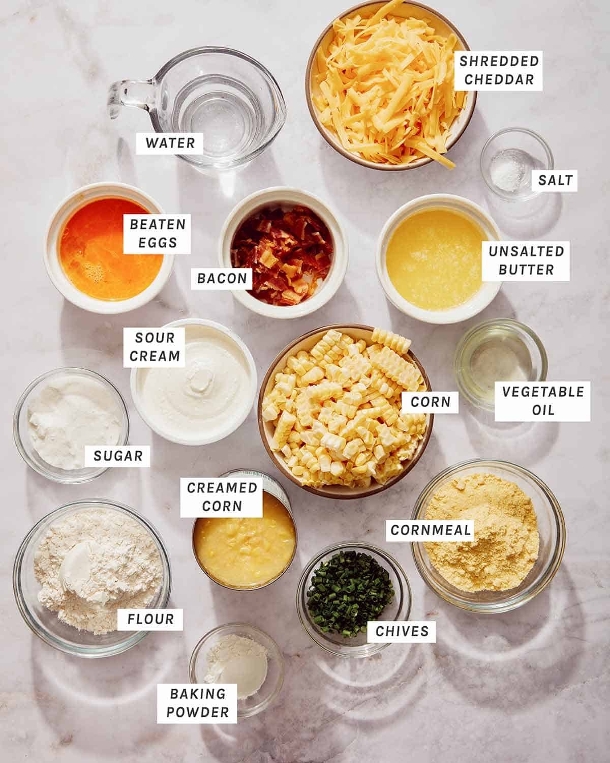 Ingredients to make a corn casserole recipe.