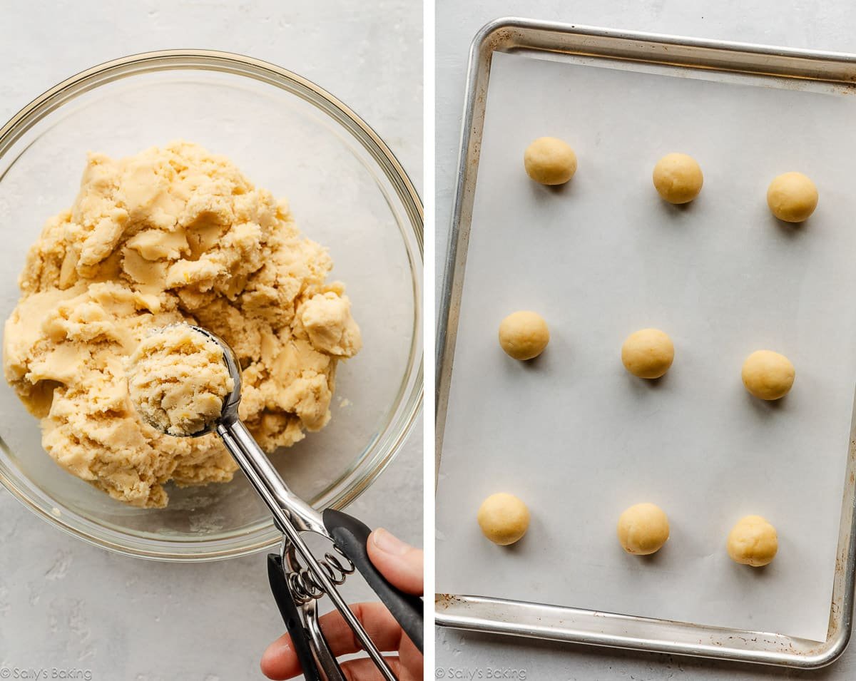 cookie dough in bowl being scooped and then shown again rolled into balls.