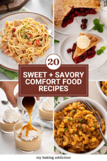 Collage of four sweet and savory comfort food recipes. Text overlay includes post title.