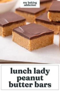 Side view of lunch lady peanut butter bars arranged on a piece of parchment paper. Text overlay includes recipe name.