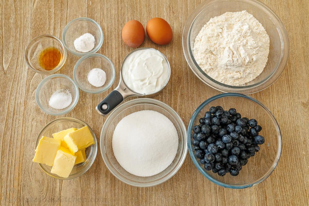 ingredients for baking including butter, sugar, eggs, vanilla extract, all-purprose flour, baking powder, baking soda, salt, Greek yogurt, and bluberries