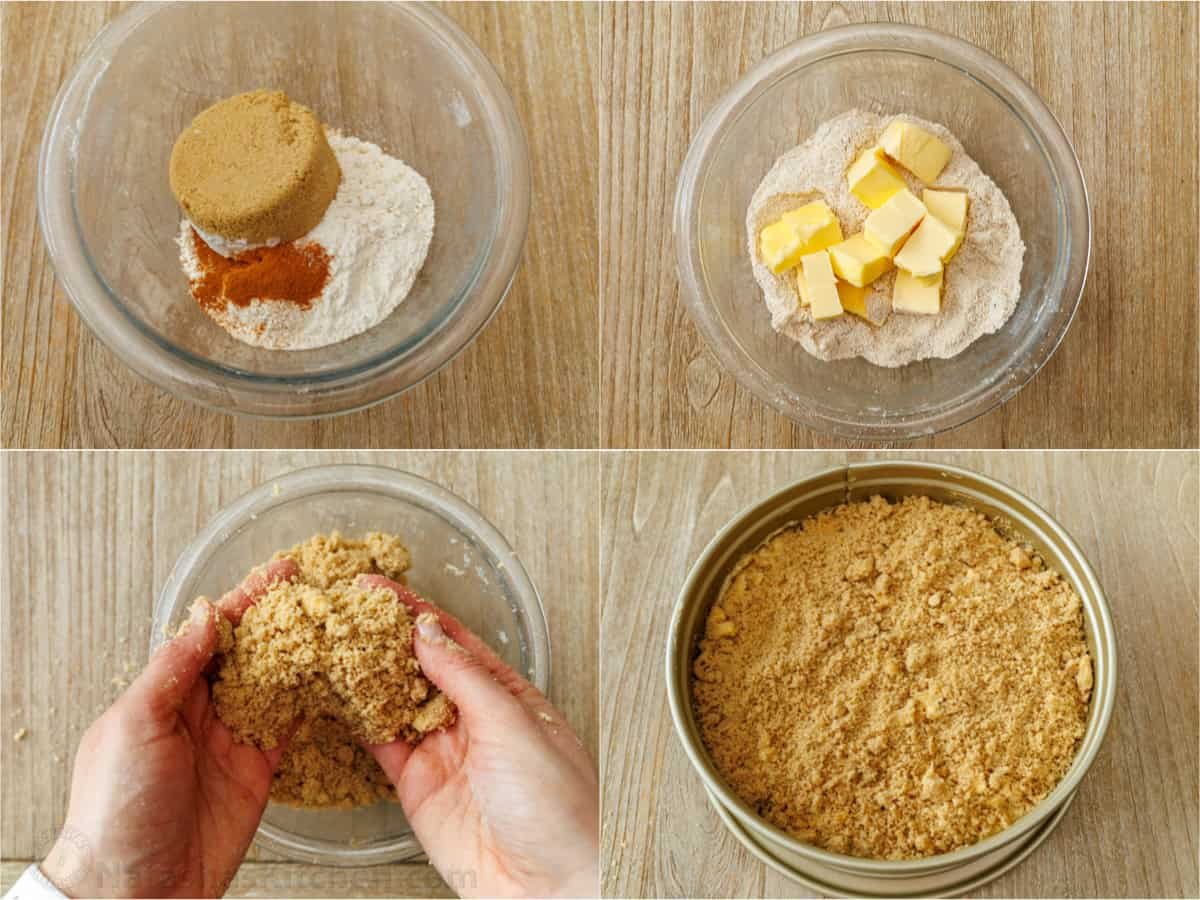 how to make a crumb topping in photos from mixing the dry ingredients to cutting in butter with your fingers and putting on top of the batter