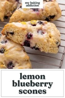 Close up of lemon blueberry scones arranged on a wire rack. Text overlay includes recipe name.