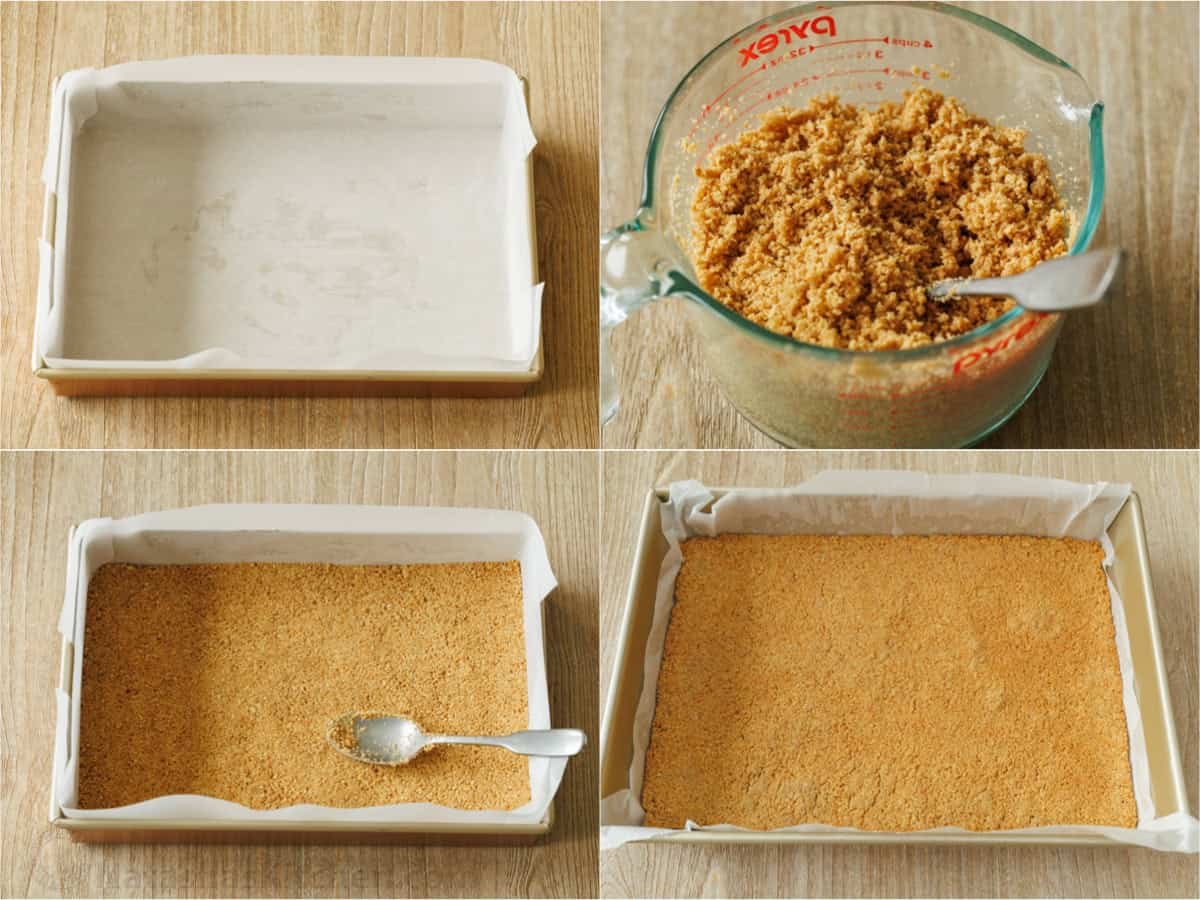 Side-by-side photos of How to make a graham cracker crust in a rectangle pan